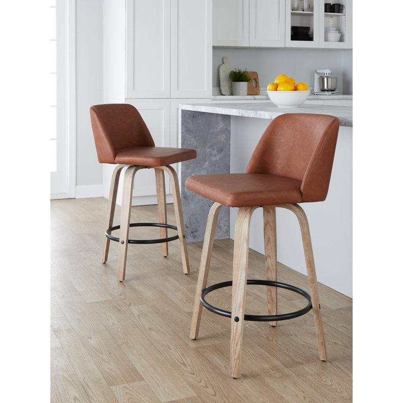 Thea 26" Fixed-Height Counter Stools with Bent Wood Legs & Round Footrest, Gray, Walnut/Chrome