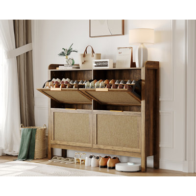 47" Farmhouse Rattan Shoe Cabinet, 4 Flip Drawer Organizer with Gold Handles for Entryway
