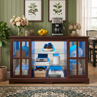  54" LED Curio Cabinet with Customizable Color Lights, Vintage Display Cabinet with Lattice Glass Door, Adjustable Shelves, Wooden TV Stand for Living Room, Bedroom