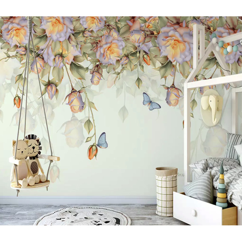Papier peint texturé amovible à motif floral orange et rose rétro, l 150 po x L 98 po