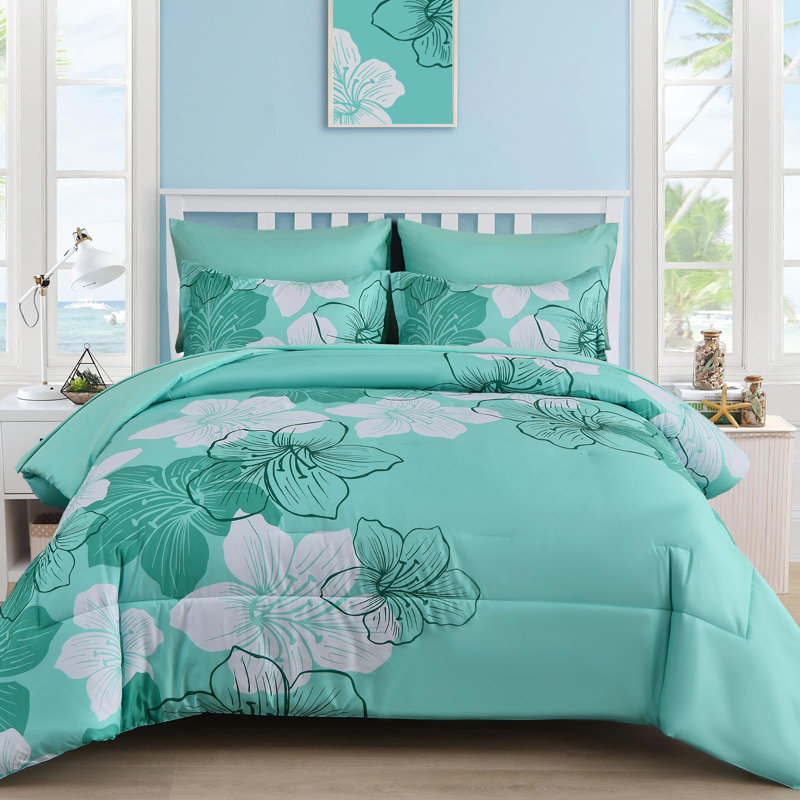 7 Piece Floral Comforter Set Soft Microfiber Bedding Set with Sheets for All Seasons, Aqua