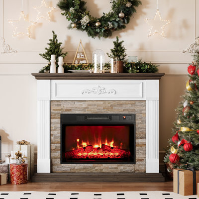 43.5" Electric Fireplace With Mantel, Freestanding Tv Stand With Fireplace Heater,brown&white