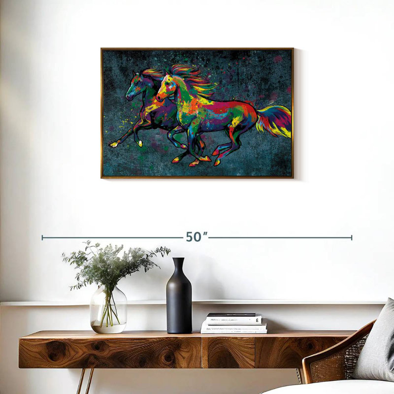 Duo Horse Colour Splash Paint, Floating Frame Gold, 31" X 21"