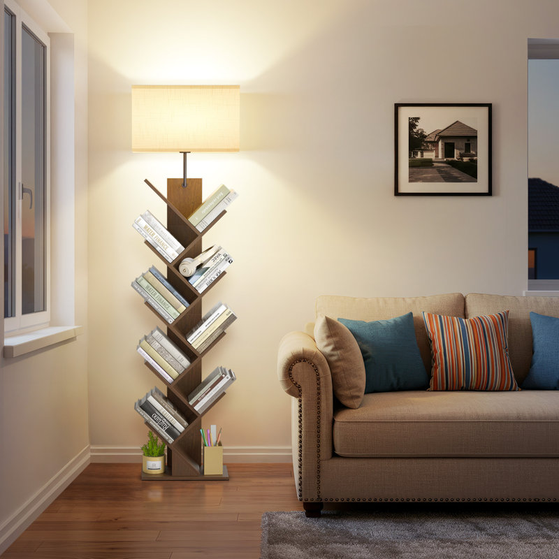 Bibliothèques avec éclairage à DEL et télécommande, lampe sur pied à 9 niveaux, Noyer