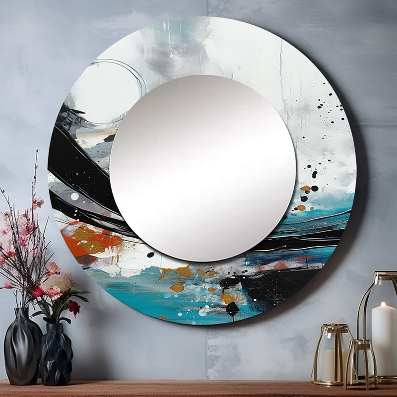 Pertef Exploring Boho Simplicity III - Abstract Decorative Mirror, Modern Large Round Wall Mirror, Printed Metal Art