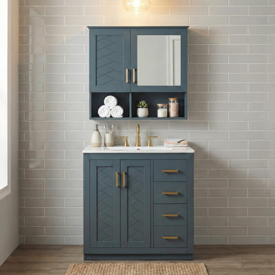 Meuble-lavabo de 30 po avec lavabo intégré et armoire à miroir murale 2-en-1, portes à fermeture en douceur et tablettes réglables, parfait pour les petites salles de bain