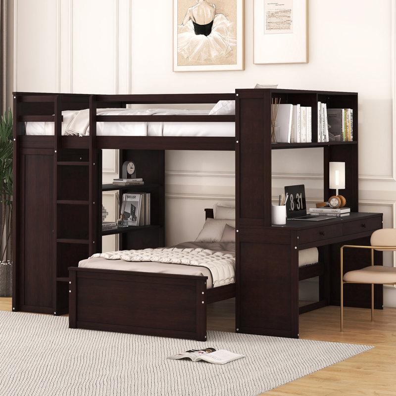 Lit superposé en forme de L avec bureau, bibliothèque et armoire Hasel, Espresso, Double sur double