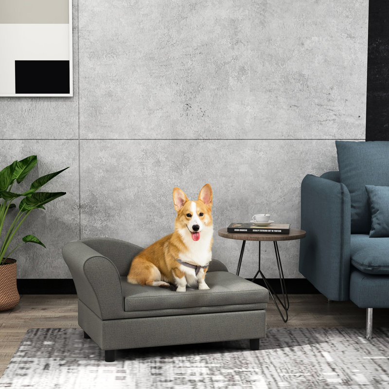Lit surélevé pour animaux de compagnie - Rangement caché, Coussin gris doux pour petits chiens et chiens de taille moyenne, facile à assembler, confortable et élégant
