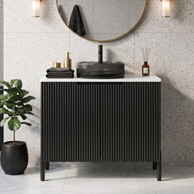 30" Freestanding Bathroom Vanity with Fluted Doors, Sintered Stone Countertop & Vessel Sink, Soft-Close Storage Cabinet