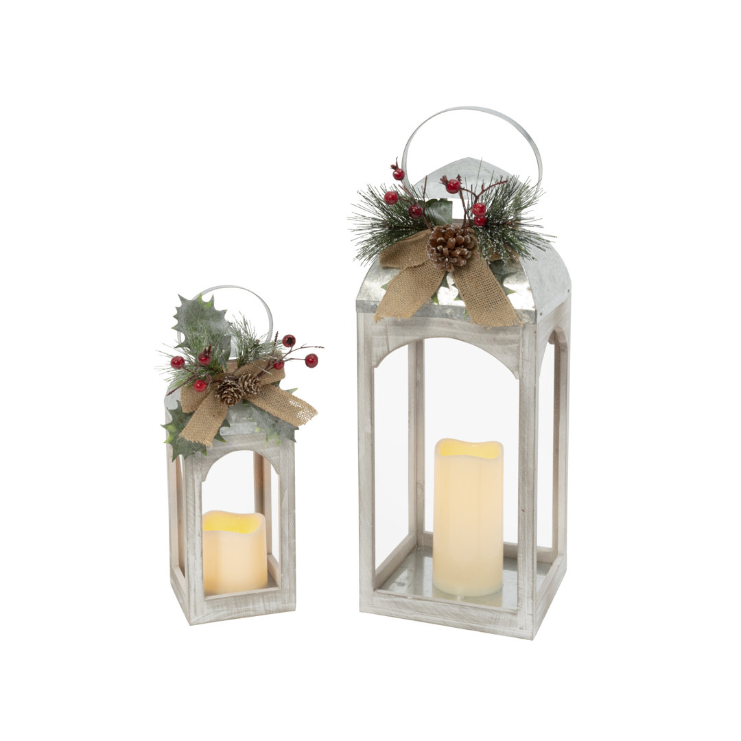 Set Of 2 Christmas Holiday Lantern With Floral Accents Led The Holiday Aisle®