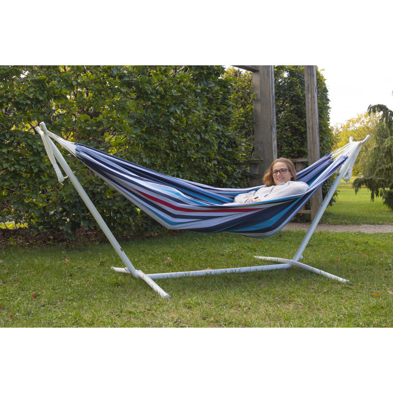 Double Classic Hammock with Stand, 104cm H x 250cm L x 109cm W, Denim, White