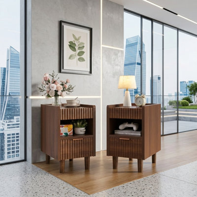 Drawer Wood Nightstand with Open Cubby (Set of 2)