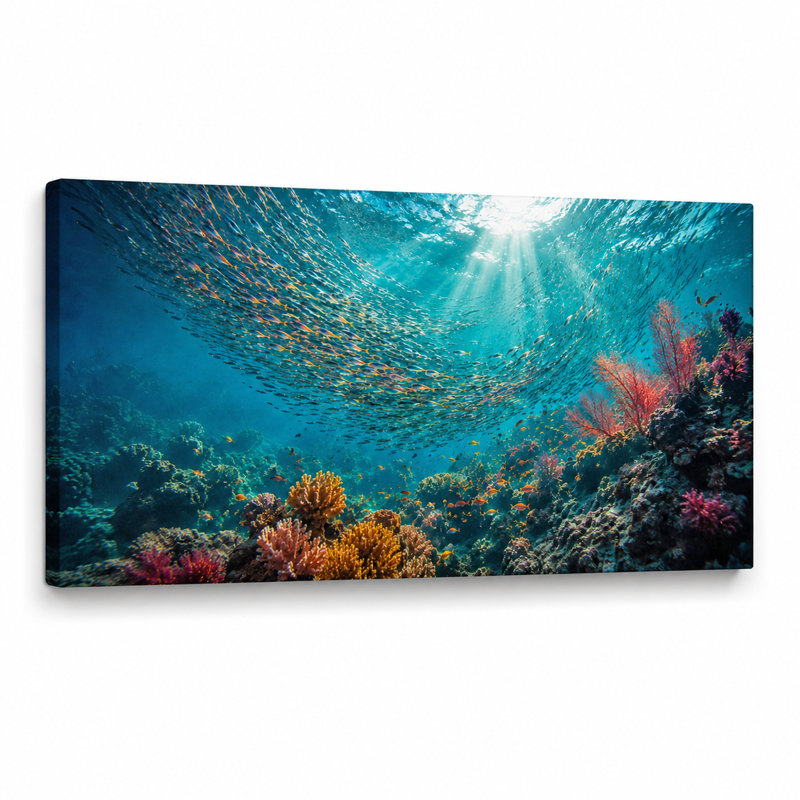 Sunlit corail, art mural sur toile de récif corail profond, 24"H x 48"W x 1.5"D