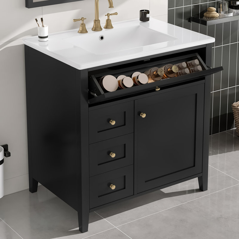 Meuble-lavabo de 30 po avec lavabo, panneau de fibres à densité moyenne et bois d'hévéa, 3 tiroirs et armoire avec tablettes réglables, conception moderne