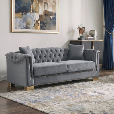 Velvet Chesterfield Sofa with Tufted Back and Arms, Nailhead Trim, Removable Cushions, Solid Wood Frame, Living Room Sofa