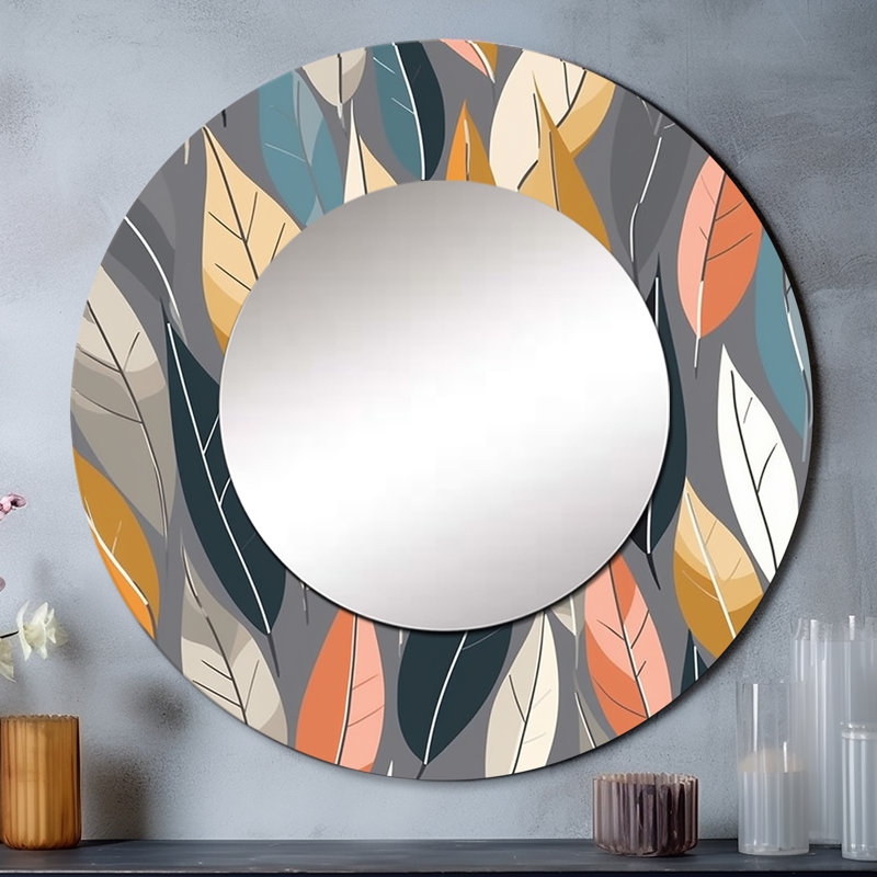 Retro AbstractáLeaves III - miroir décoratif géométrique, miroir mural rond moderne, impression d'art en métal, 29 po x 29 po