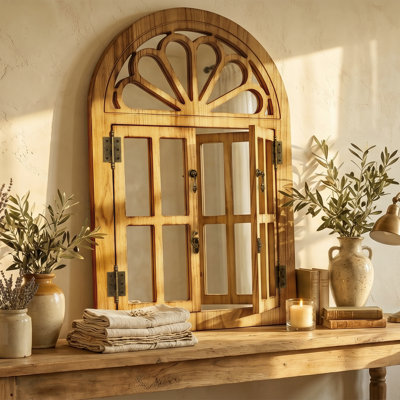 Arched Wooden Framed Wall Mirror With Opening Doors, Vintage Decorative Window Style Mirror