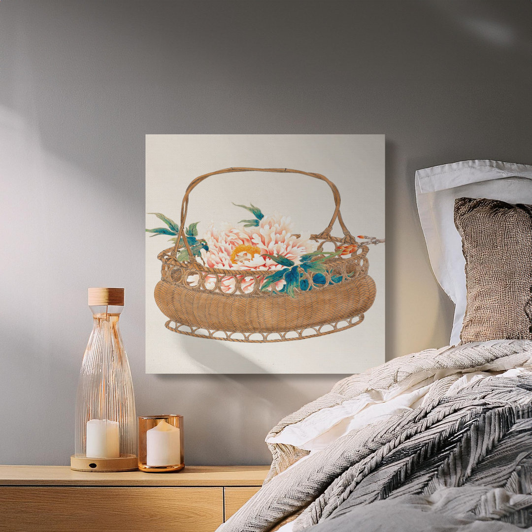 Peonies in Basket Canvas Wall Art, Floral Print, Gallery Wrapped, Ready to Hang, Archival Quality, Botanical Canvas Print, Flower Basket