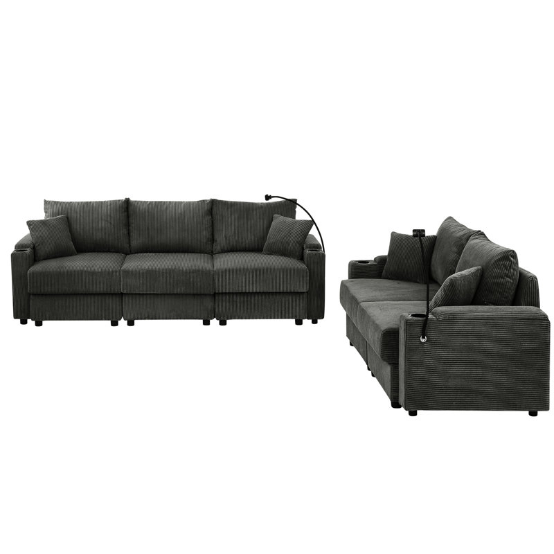Velours côtelé gris avec rangement, siège de détente confortable et porte-gobelets en gris, expérience confortable