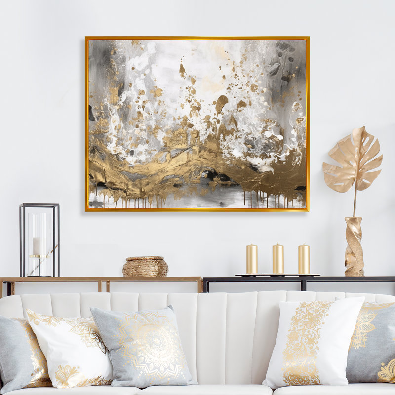 Art moderne abstrait blanc et or - art mural abstrait, H 34 po x l 44 po x P 1,5 po, Cadre flottant doré