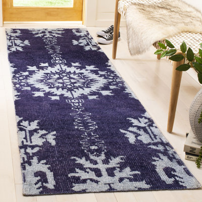Stone Wash Hand Knotted Wool/Viscose/Cotton Ikat Rug in Purple