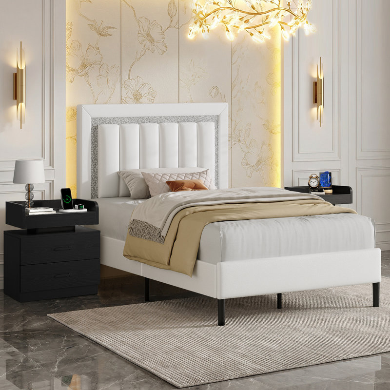 Ensemble de lit plateforme tapissier Diamond, Simple, Blanc
