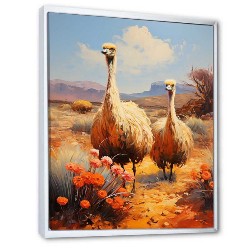 Autruches du désert nomades sur toile, Cadre flottant blanc, H 40 po x l 30 po x P 1,5 po