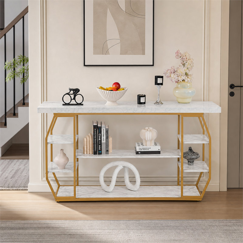 Grande console en marbre de 70,9 pouces à plusieurs niveaux avec un design géométrique doré moderne et minimaliste et une touche de luxe discret; convient à divers décors.