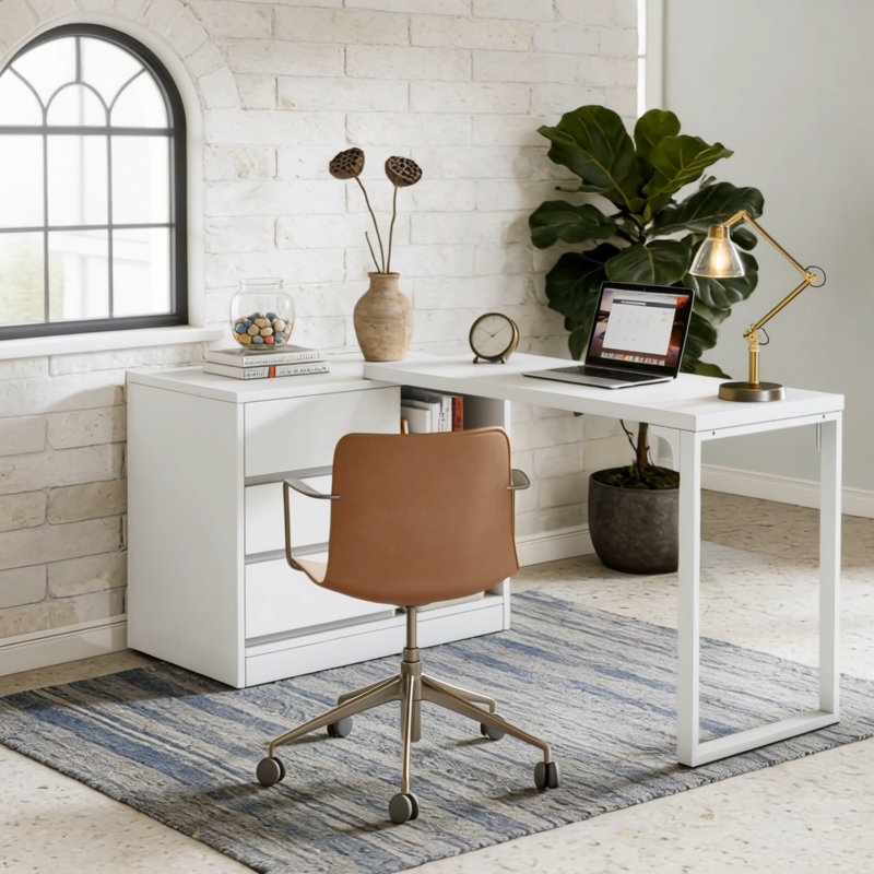 Bureau d'ordinateur en L, bureau d'angle réversible avec armoire à tiroirs