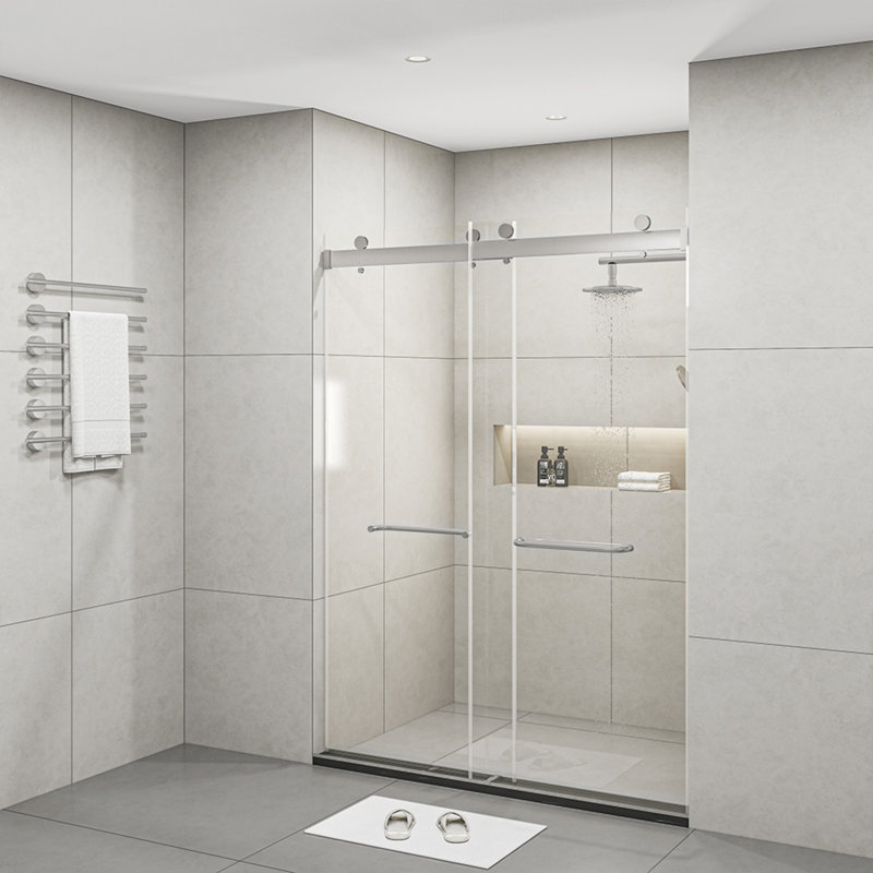 Frameless 60" Clear Glass Sliding Shower Doors with Brushed Nickel Finish