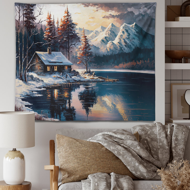 Tapisserie d'hiver en polyester sur le lac, H 32 po x l 39 po