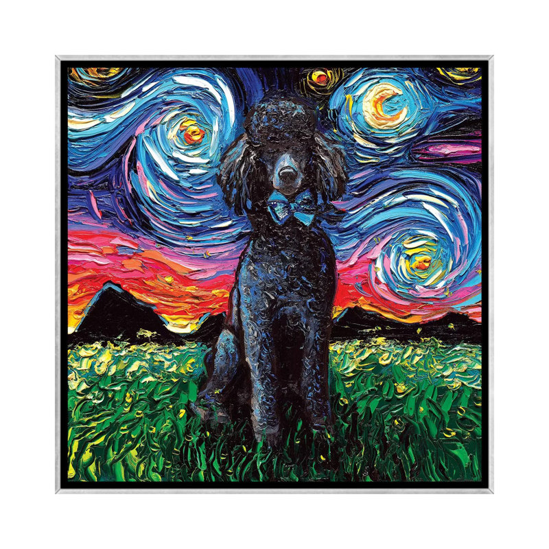 « Black Poodle Night » par aja Trèves, reproduction d’art, Toile avec cadre argent, Pas de tapis