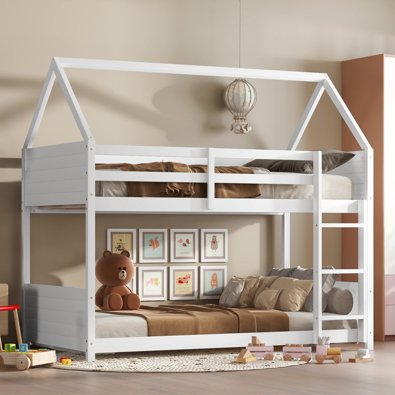 Twin Over Twin House Floor Bunk Bed With Headboards, Footboards And Guardrails, Ladder, Rubber Wood Bunk Bed With Safety Guardrails,White