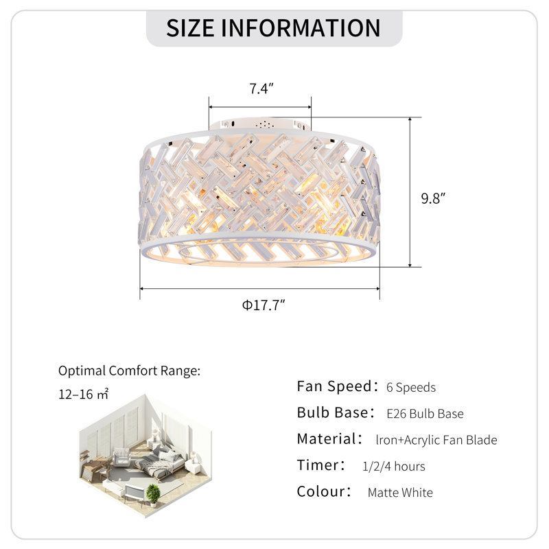 Ventilateur de plafond en cristal avec télécommande, Blanc