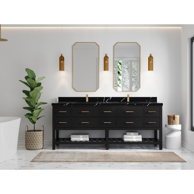 Parker 84 In. W X 22 In. D Double Sink Bathroom Vanity In Black With 2 In., Calacatta Black
