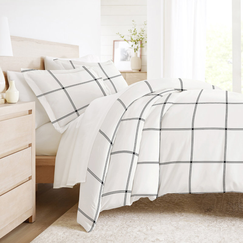 Duvet Cover Set Patterned Microfiber Ultra Soft Bedding in Grid, Queen Duvet Cover + 2 Standard Shams