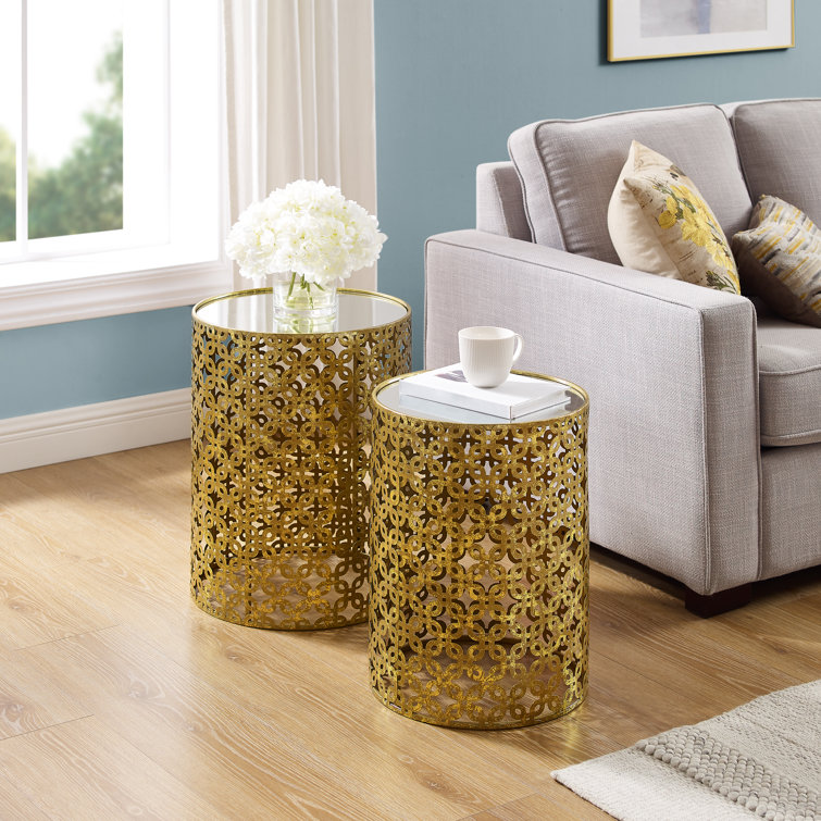 Juliet Gold Metal Cut Out Nesting End Table with Mirror Top