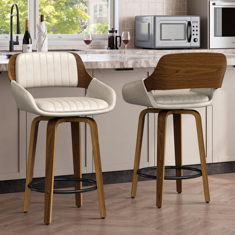 Tabourets de bar pivotants avec dossier en bois massif, hauteur de comptoir moderne du milieu du siècle, 66 cm (lot de 2), 2