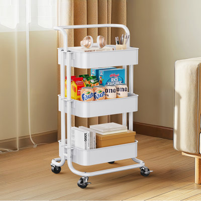 3-Tier Metal Rolling Utility Cart with Handle and Lockable Wheels, Anti-tipping Storage Organizer