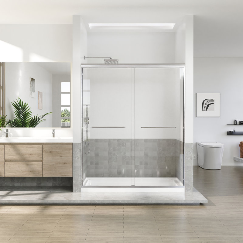 56 To 60 In. W X 72 In. H Semi Frameless Double Sliding Shower Door With 5/16 In. Tempered Clear Glass, Brushed Nickel