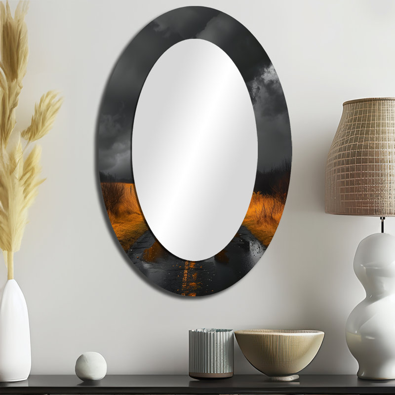 Grey And Yellow Monochrome Power Plant Photo III - Large Oval Wall Mirror On Metal, 36" x 24"