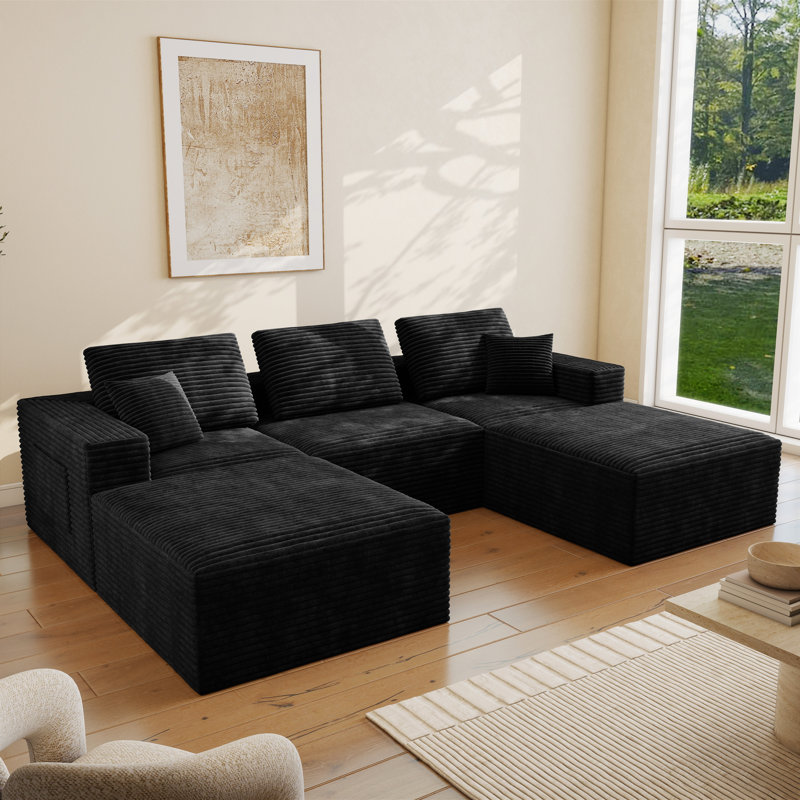 Abdou 106.2" U-Shaped Compression Sectional Sofa With Chaise, Corduroy Cloud Couch, Black, Black Corduroy