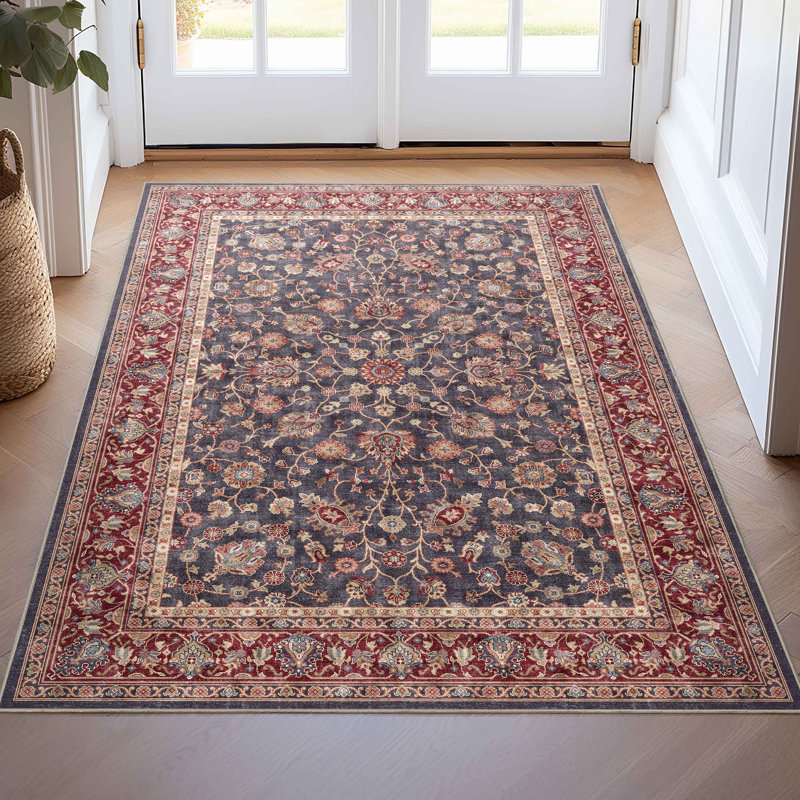 Tapis bleu marine et rouge Dyrk Rome, Rectangle 3 pi 3 po x 5 pi