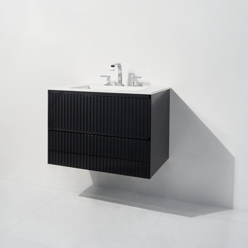 Mikhia 30" W x 21.25" D x 22" H Wall-Mounted Single Bathroom Vanity with Solid Surface Counter, Black