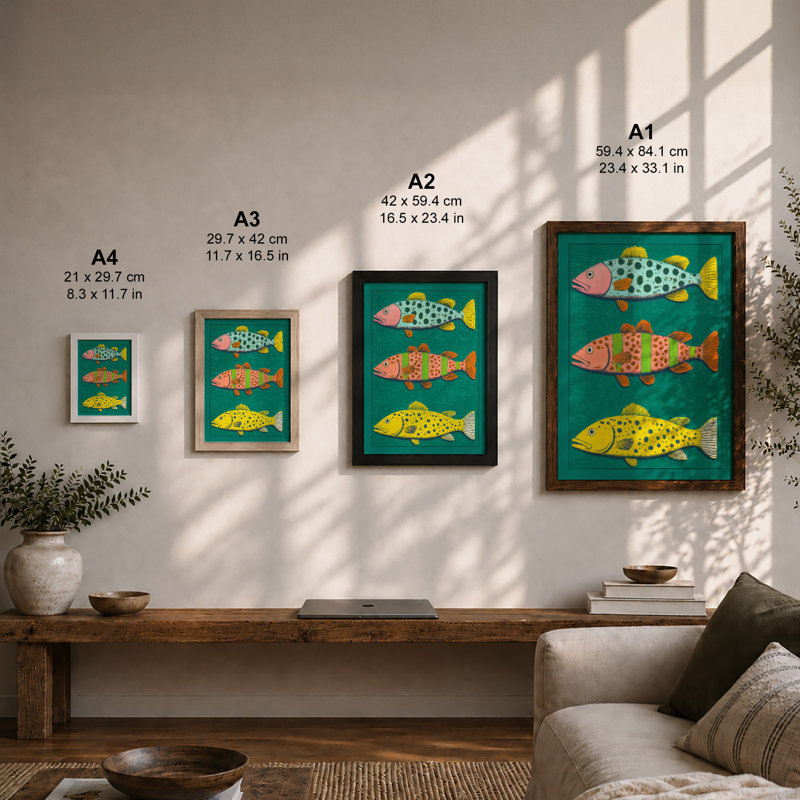 Stacked Fish Play Modern 1 Piece Single Picture Frame Wall Art, A4 - 29.7 x 21.0 cm, White