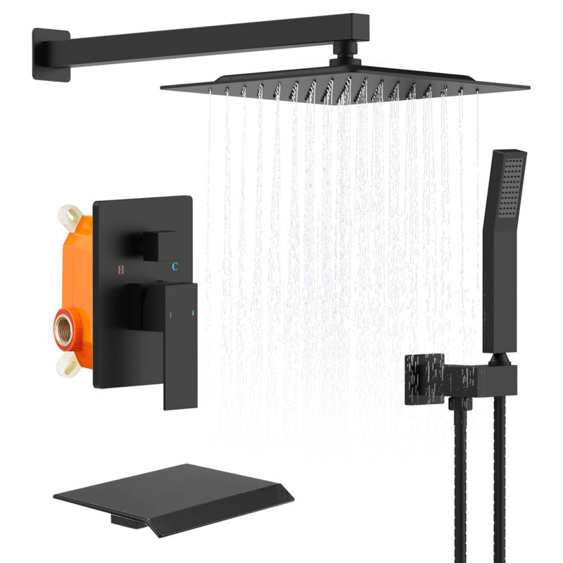 Rain Shower System Tub Shower Faucet Set 10 Inch Square Rainfall Shower Head With Handheld Sprayer And Waterfall Tub Spout Pressure Balance Rough-In Valve Shower Mixer Combo