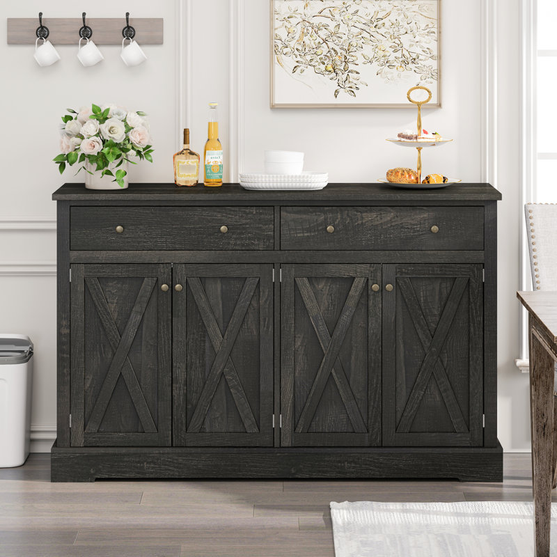 Buffet noir et brun: 2 tiroirs, 4 portes, fait, magnifique décoration en forme de X, armoire de rangement généreuse avec rangement: design élégant en X, espace généreux