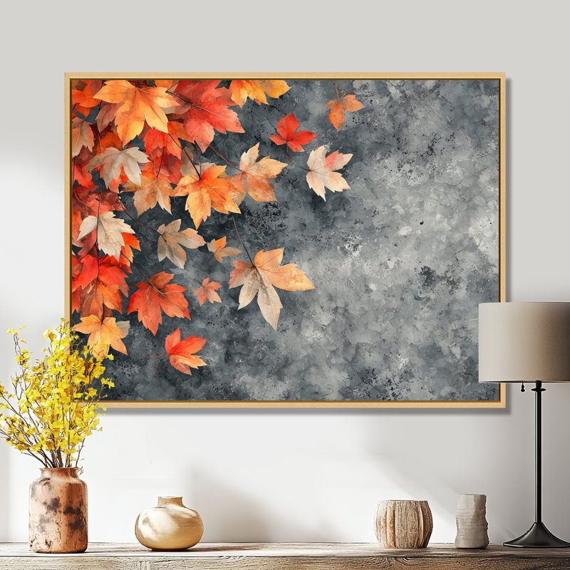 Orange orange, feuilles d'automne, art mural grandes feuilles, H 12 po x l 20 po, Impression encadrée flottante, Crème, crème