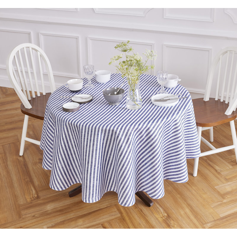 Amalfi Stripe - 100% Pure Linen Round Tablecloth, 70" Round, Navy/White