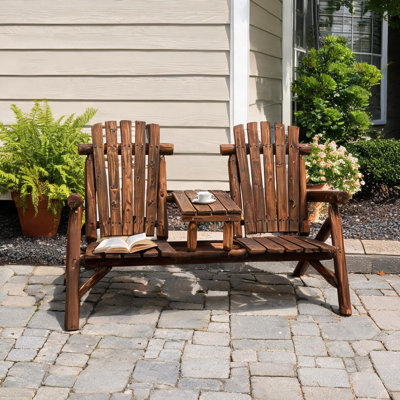 Banc de terrasse pour l'extérieur avec table centrale en bois de sapin carbonisé, deux sièges et capacité totale de 660 livres